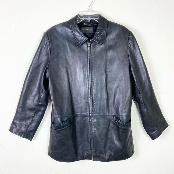 Vintage Golden Bear San Francisco Black Zip Up Leather Jacket Size L - Picture 1 of 7